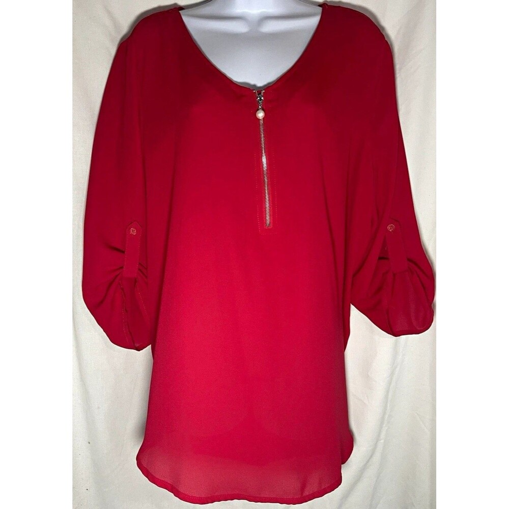 Tacera Women’s Red V-Neck Zip Blouse 3/4 Sleeve Chiffon Polyester Size XL